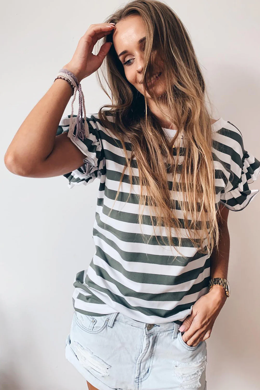 Striped V Neck Ruffle Sleeve Top