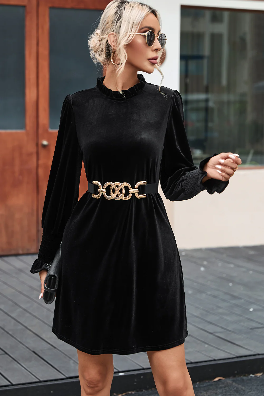 Velvet Frill Neck Long Sleeve Shift Dress
