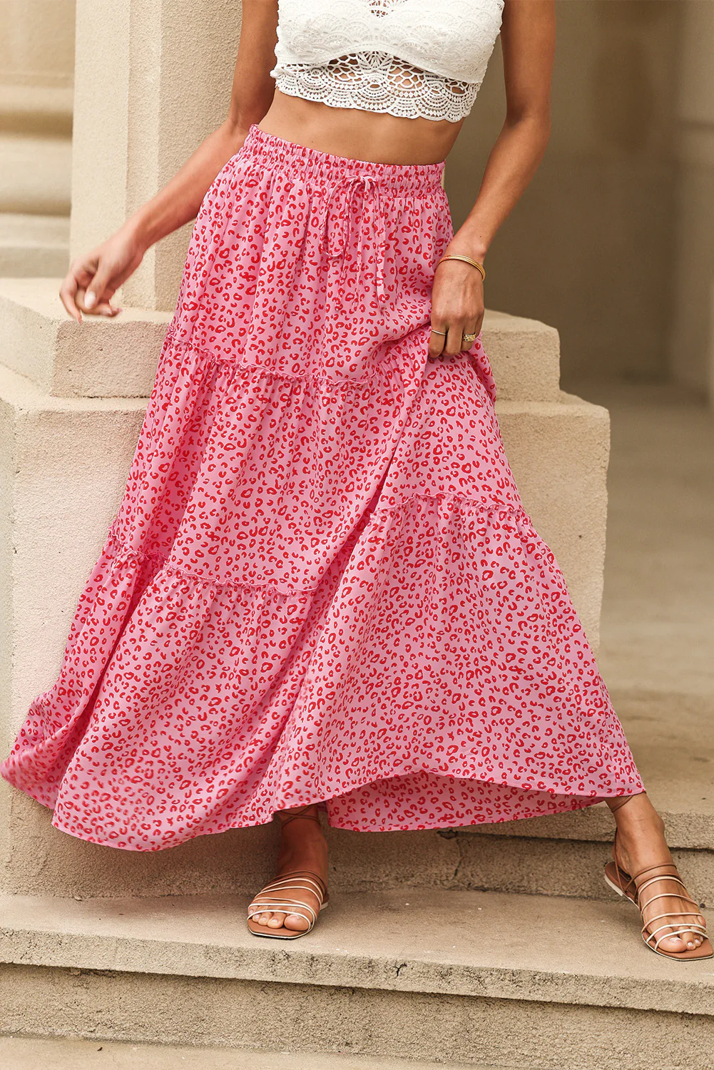 Leopard Print Frilled Drawstring High Waist Maxi Skirt