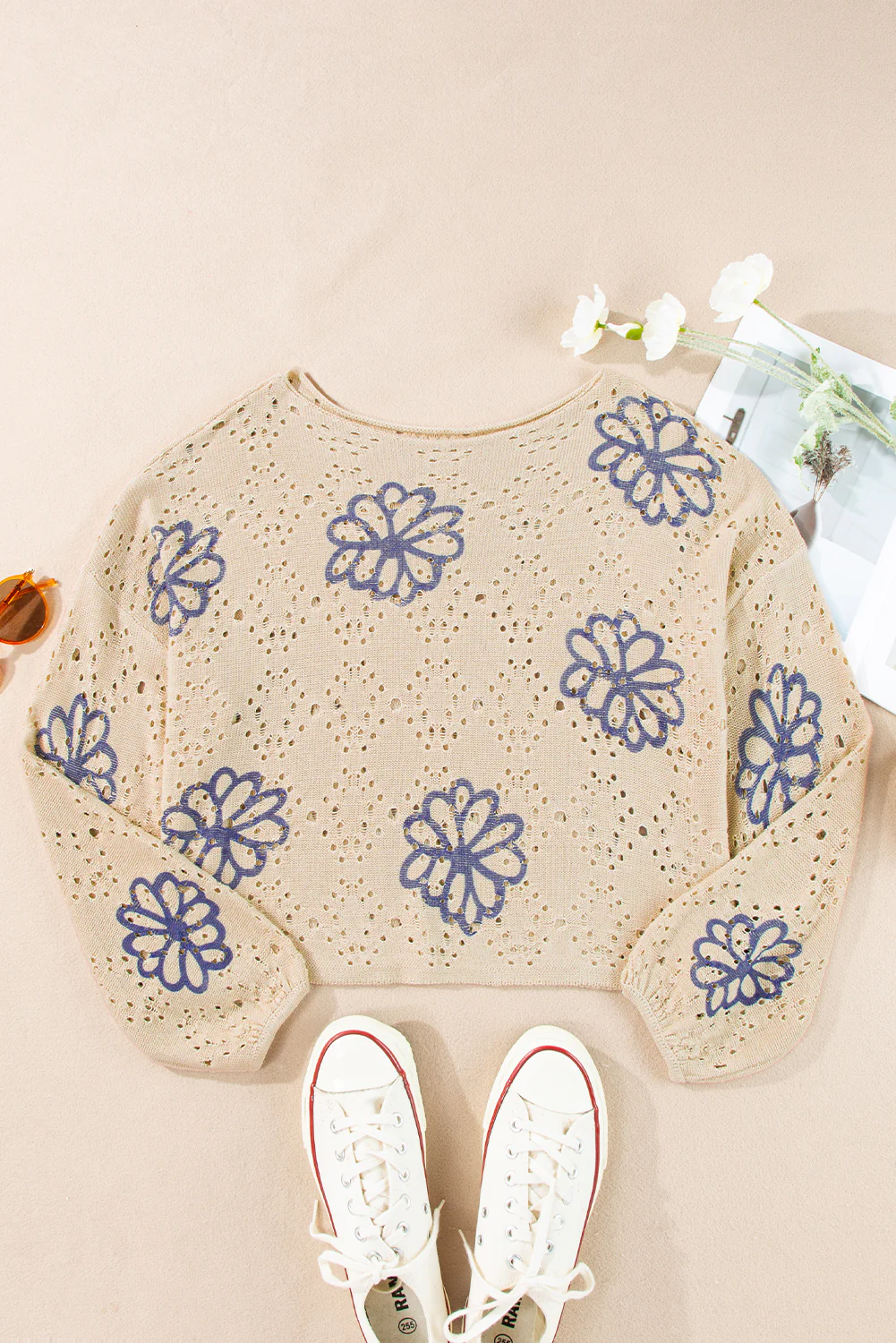 Flower Print Eyelet Drop Shoulder Sweater