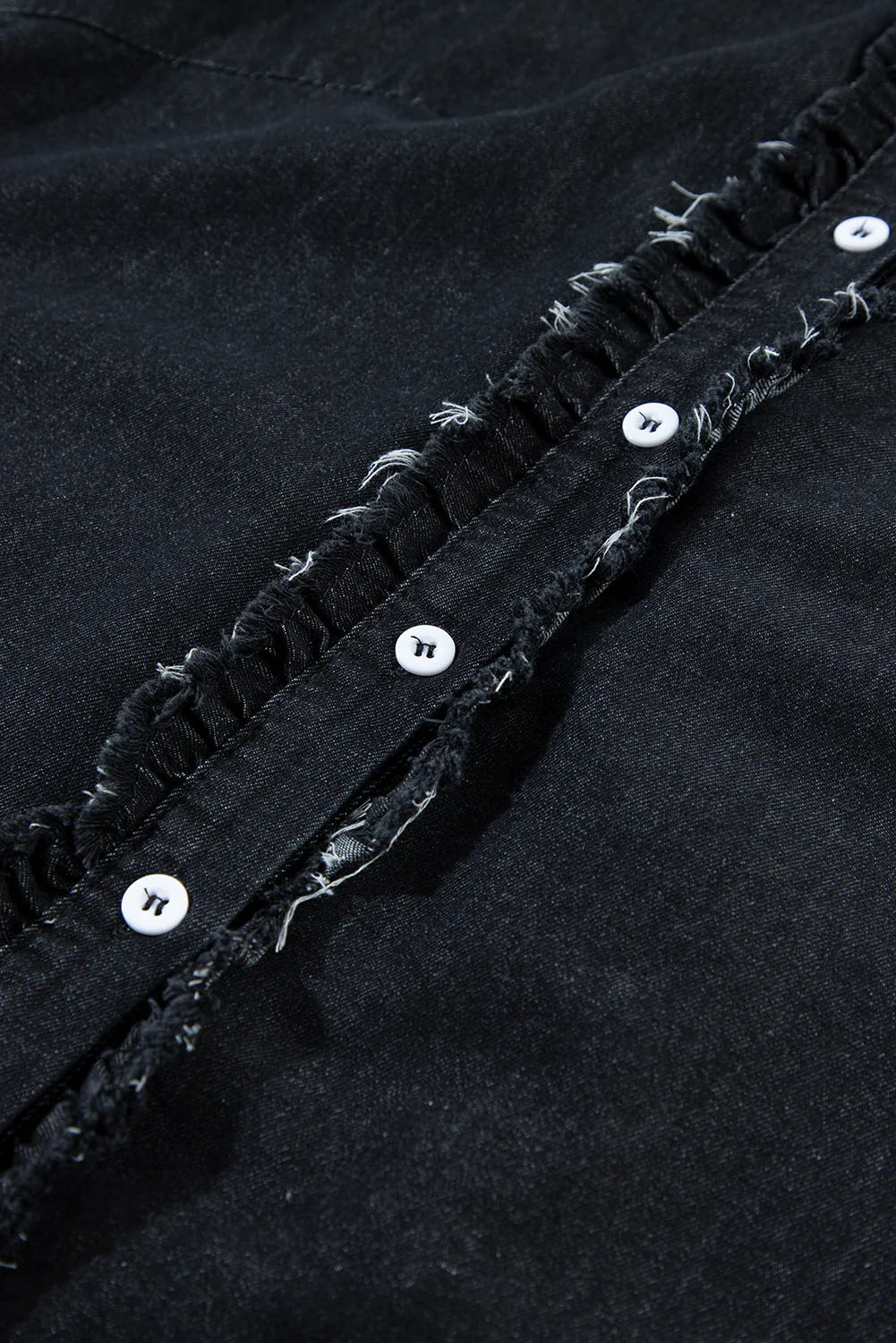 Button Front Ruffled Flutter Frayed Denim Top