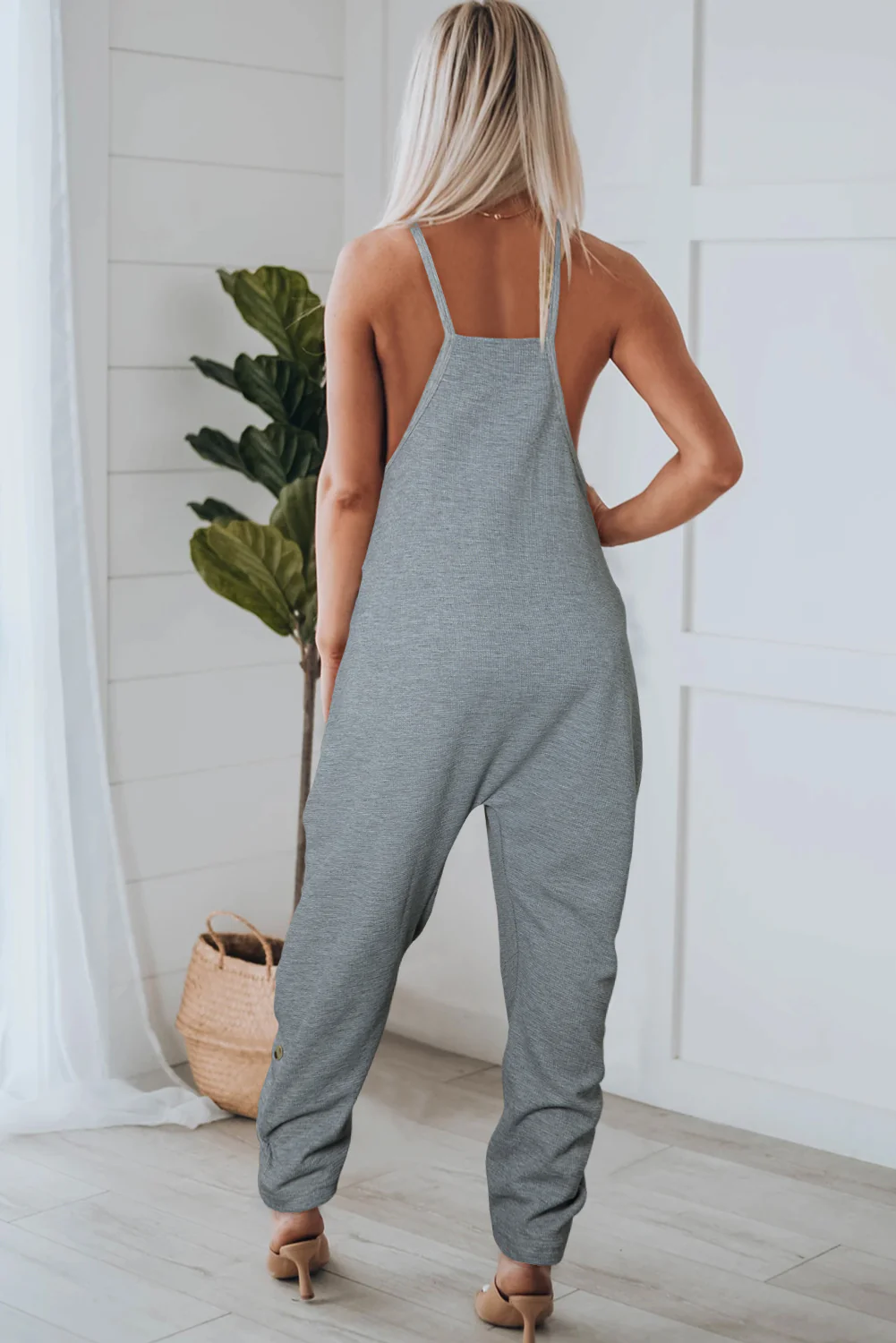 Waffle Knit Spaghetti Straps Loose Fit Jumpsuit