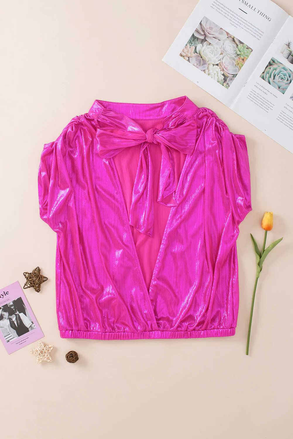 Ruched Sleeves Knotted Backless Blouse