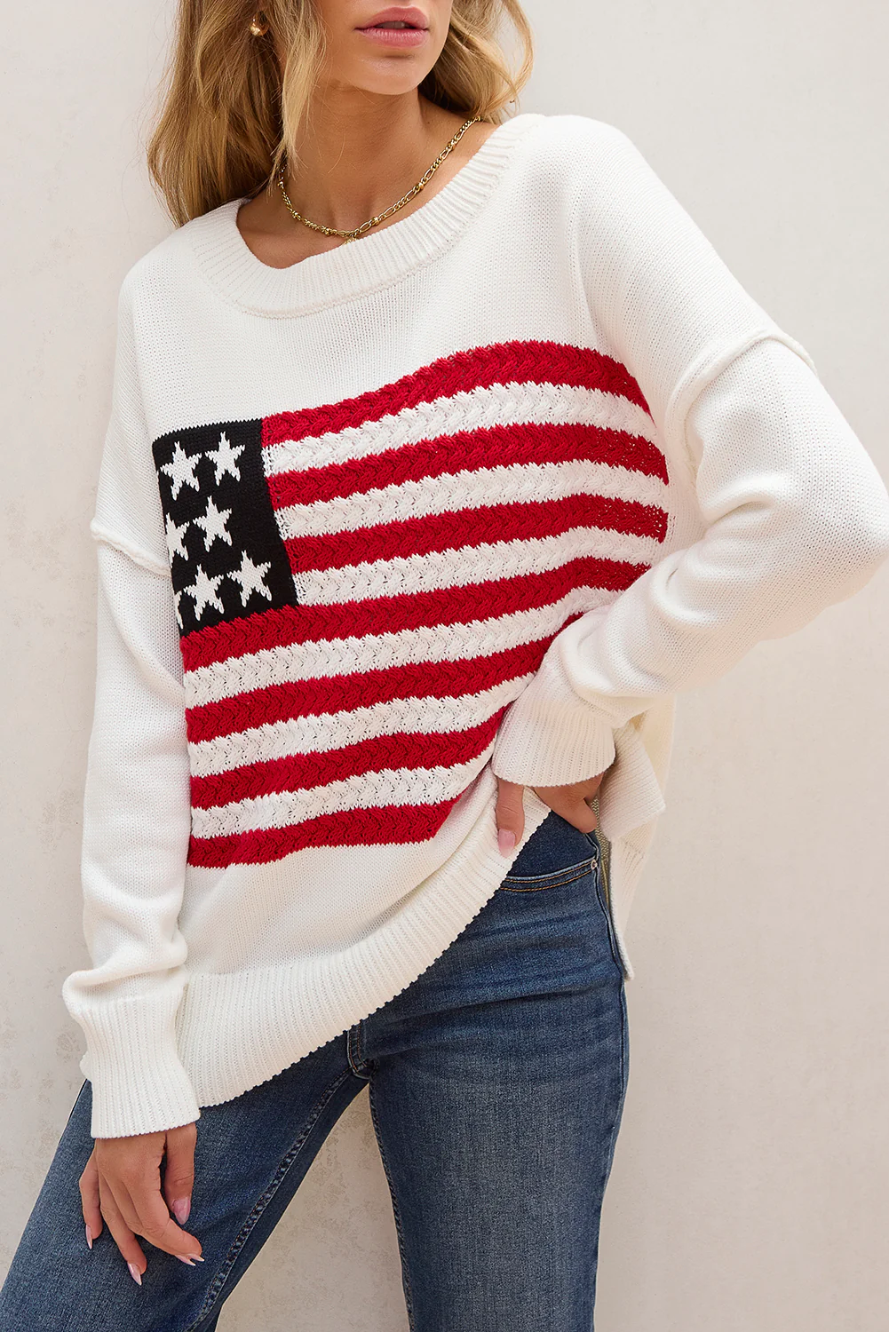 American Flag Cable Knit Drop Shoulder Sweater