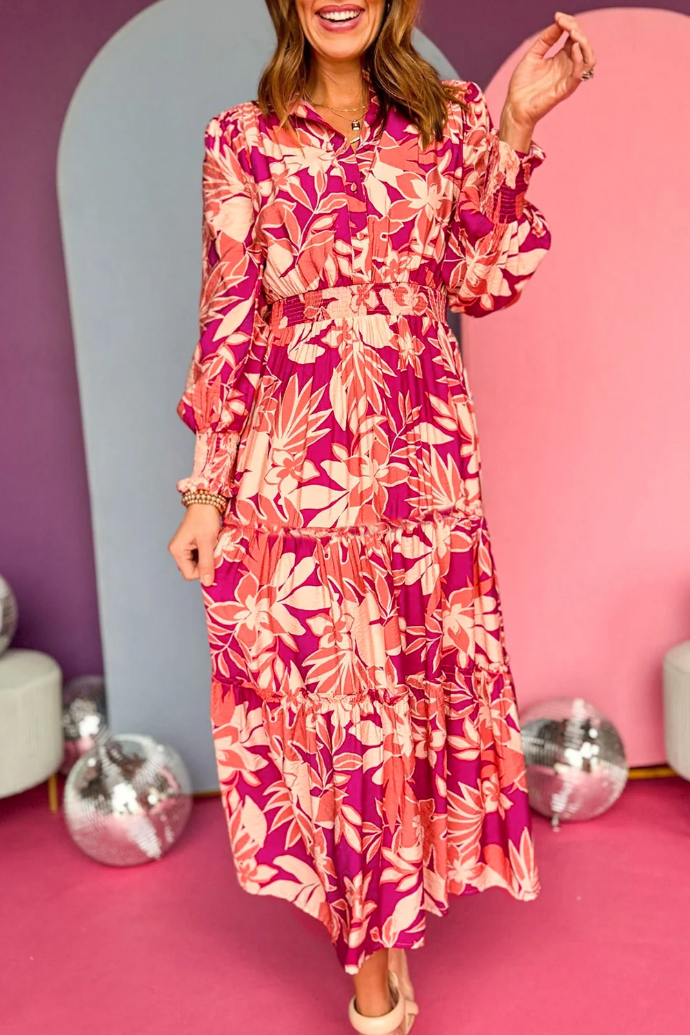 Floral Print Buttoned Smocked High Waist Maxi Dress