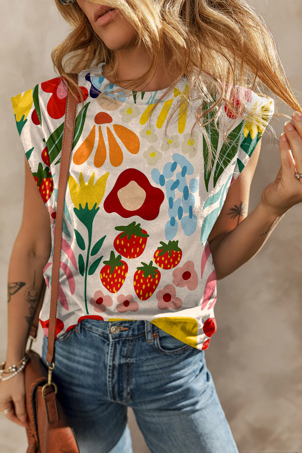 Flower Print Round Neck Cap Sleeve T Shirt