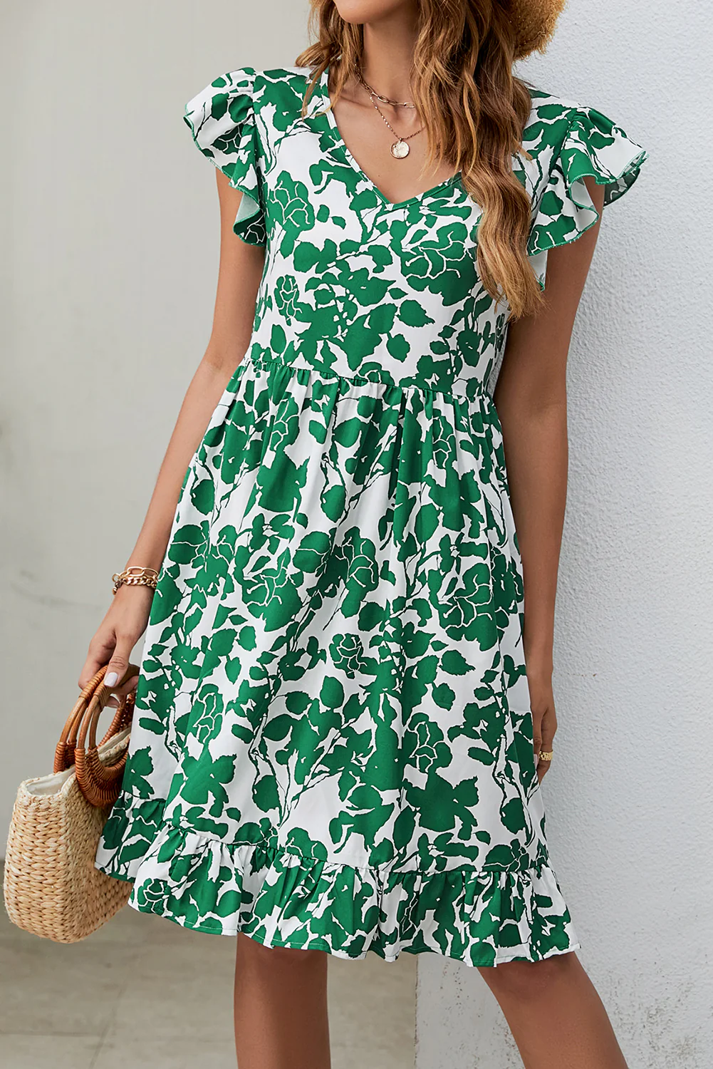 Leaf Print V Neck Flutter Sleeve Dress