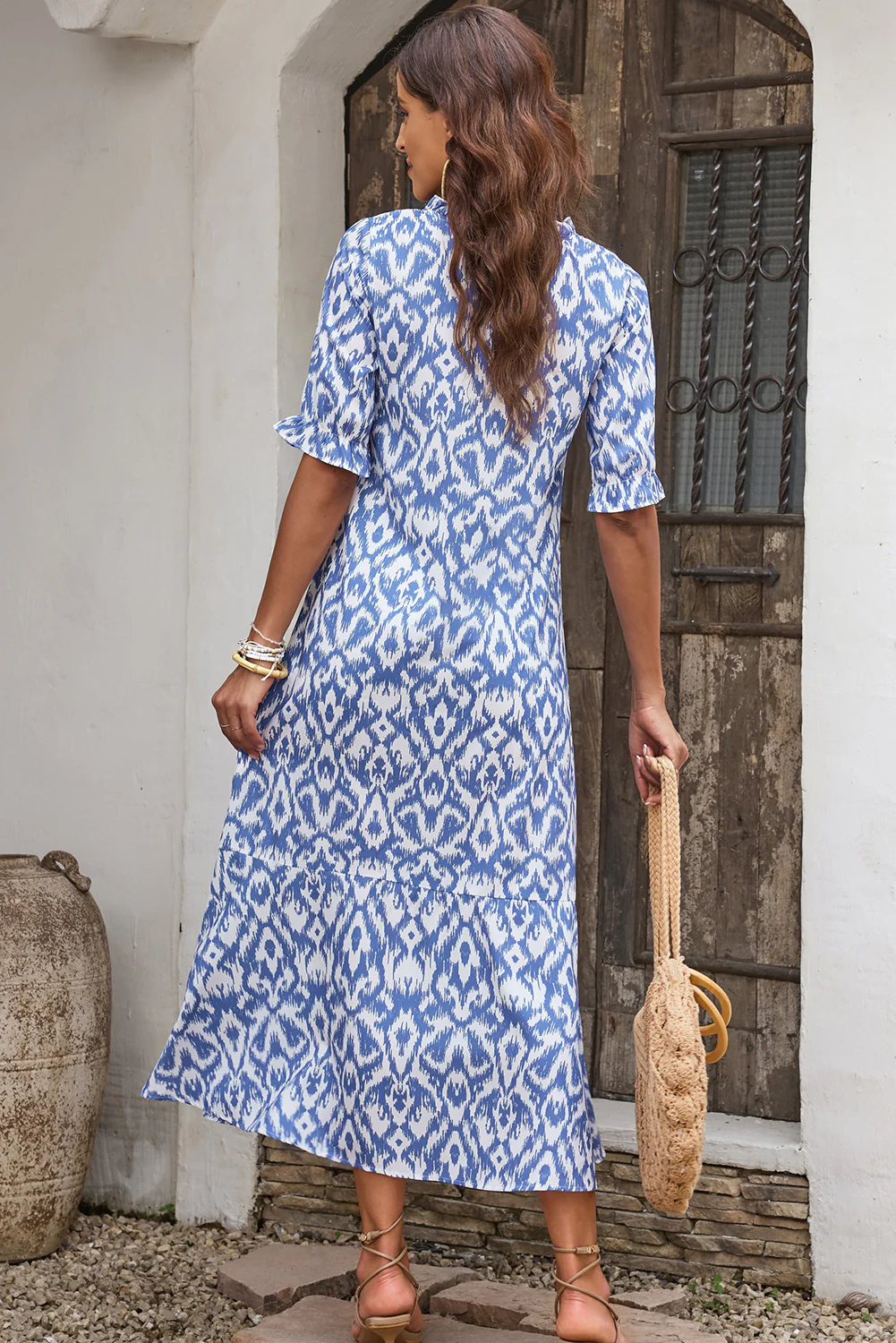 V Neck Casual Geometric Print Maxi Dress
