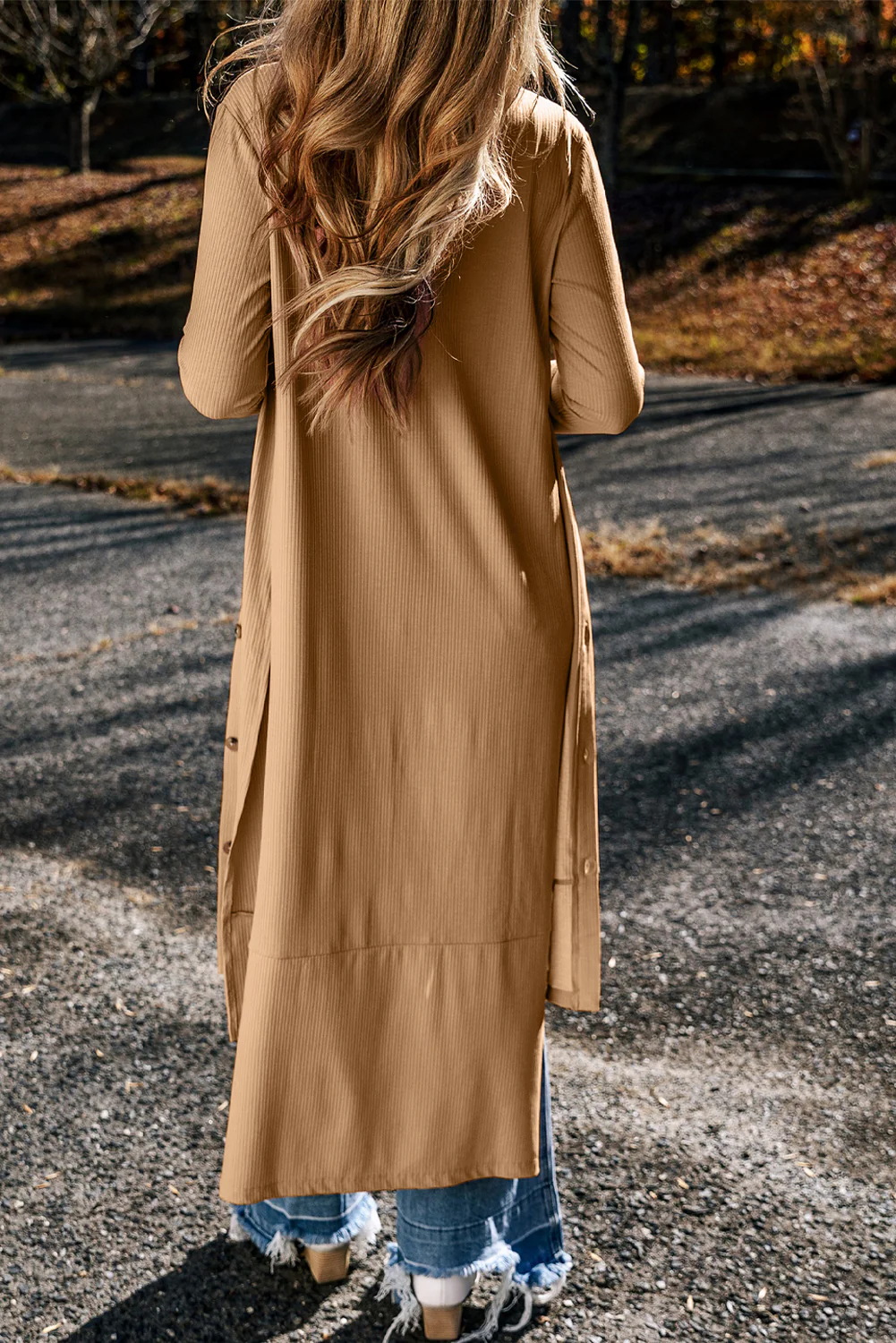 Ribbed Button-Up Split Duster Cardigan