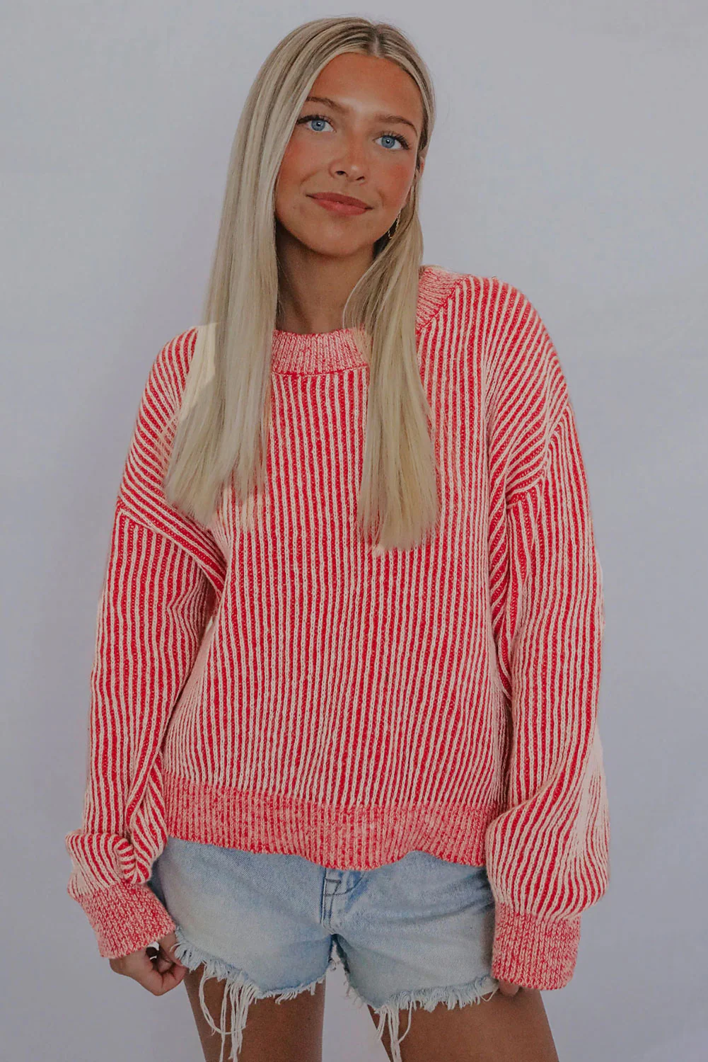 Striped Print Ribbed Trim Round Neck Sweater