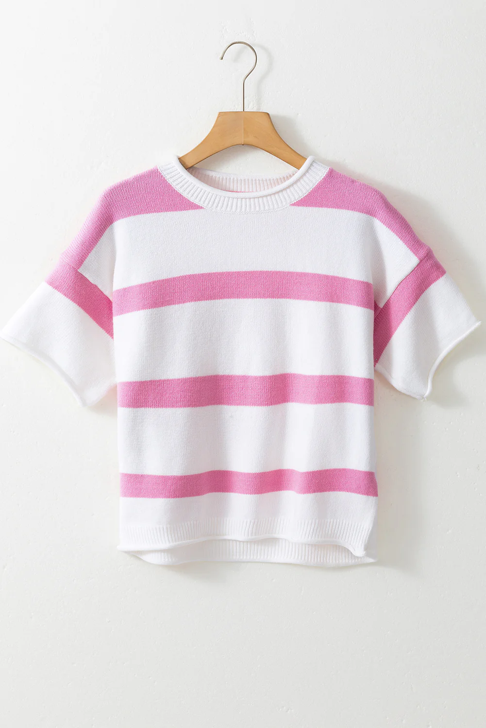 Pink Stripe Dropped Short Sleeve Lightweight Knitted Top