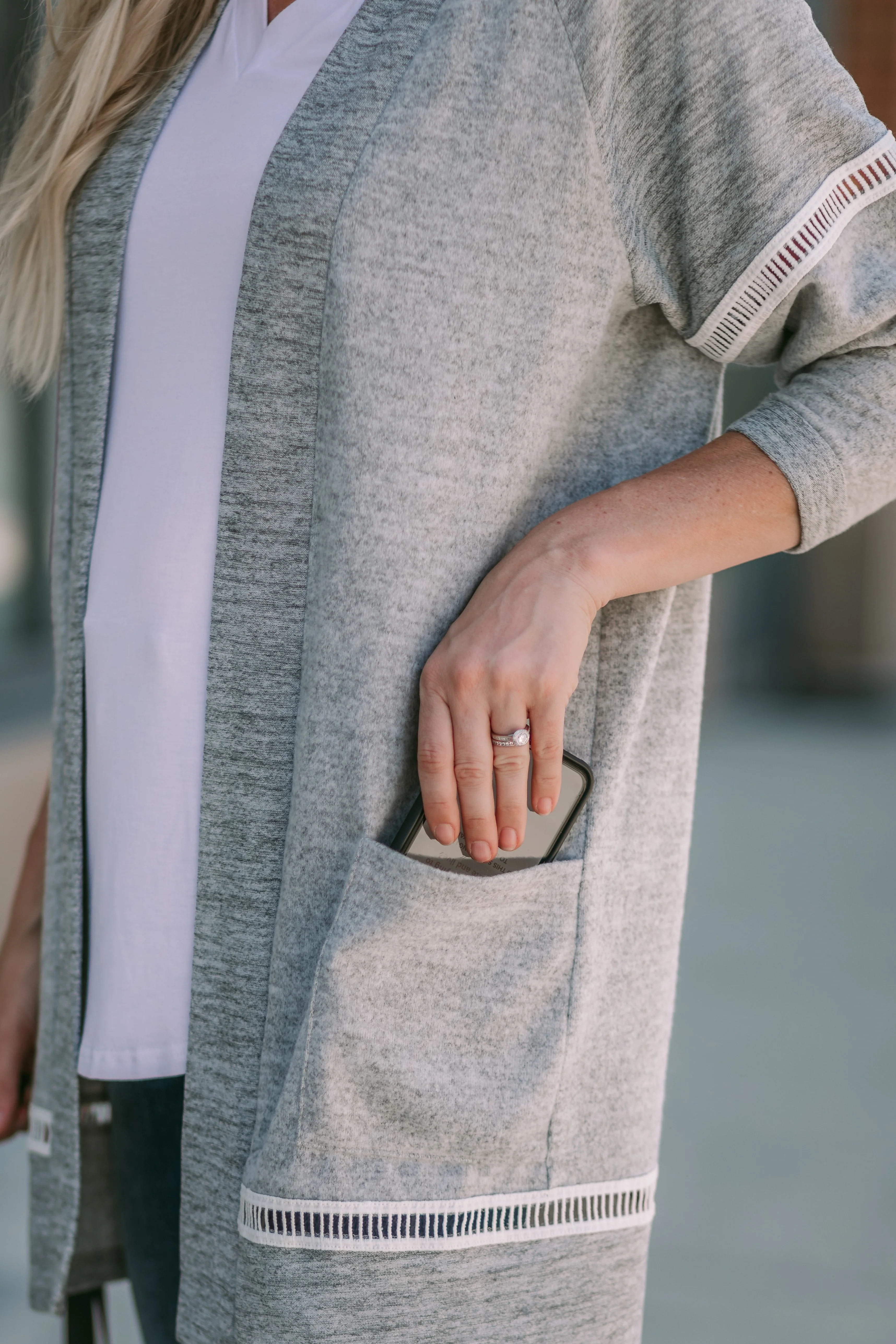 Heather Grey Raglan Pocket Cardi with Trim