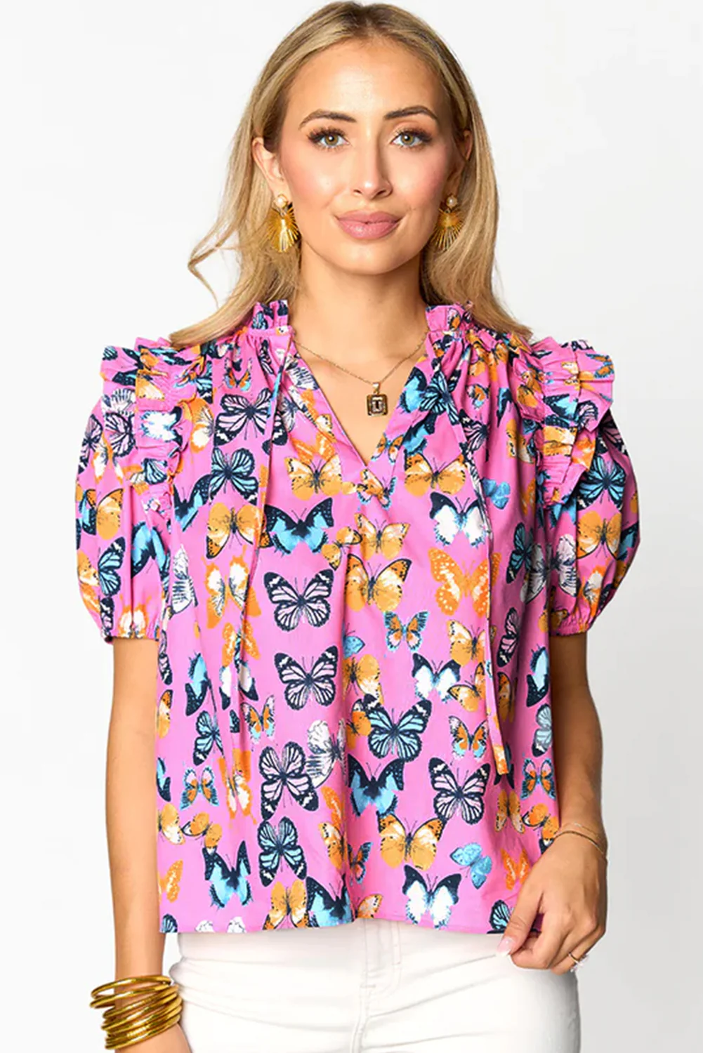 Butterfly Print Ruffled Puff Sleeve Tied V Neck Blouse