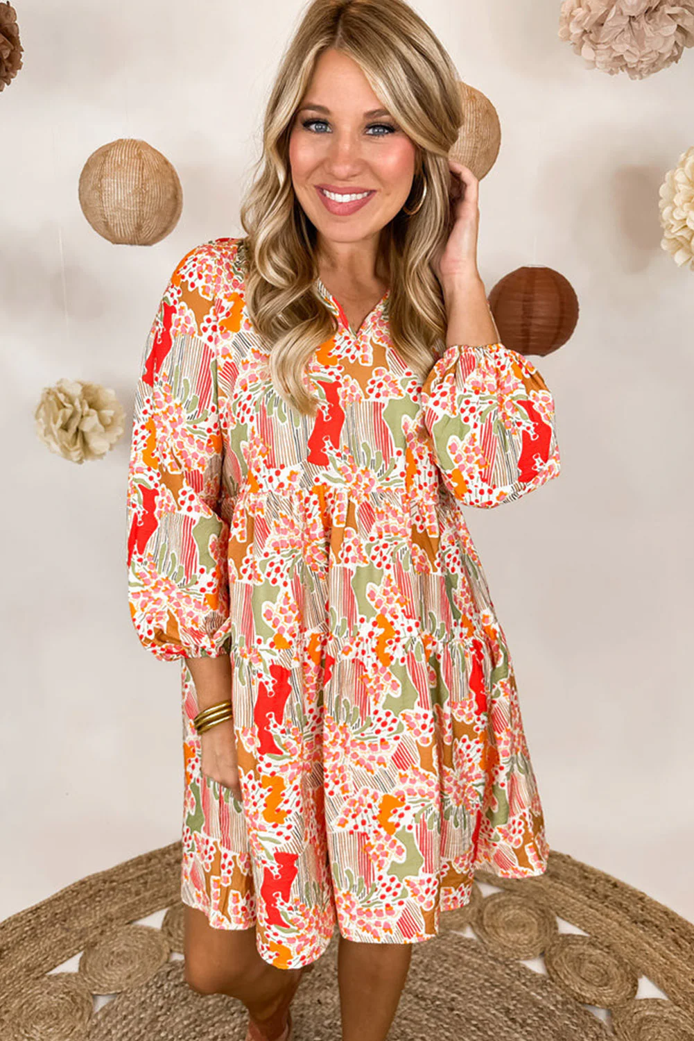 Multicolour Split Neck Puff Sleeve Flowy Printed Dress