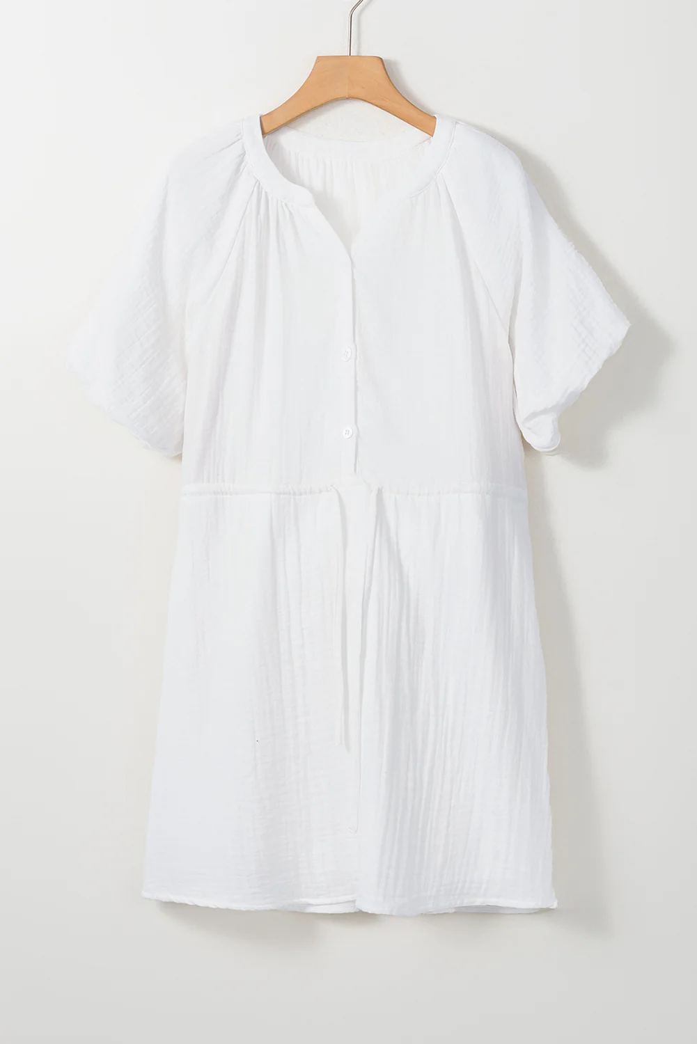 White Puff Sleeve Drawstring Shirt Dress with Pockets