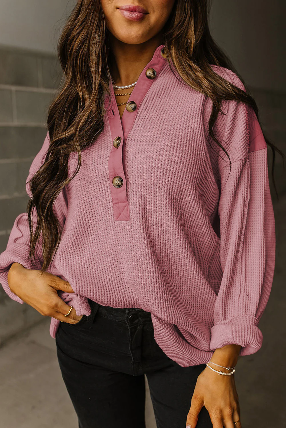 Waffle Long Sleeve Collar Half Button Loose Top