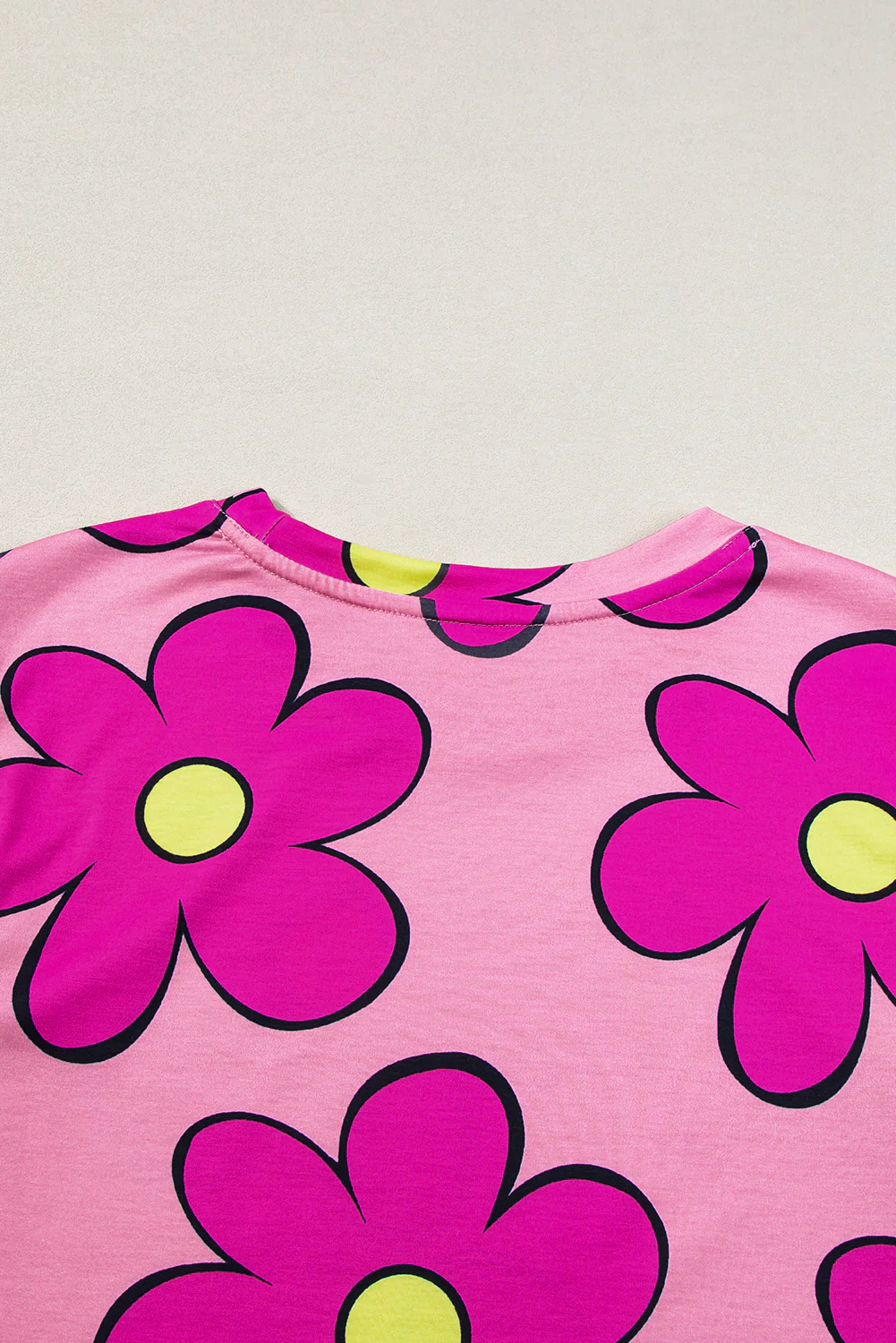 Flower Print Round Neck Cap Sleeve T Shirt