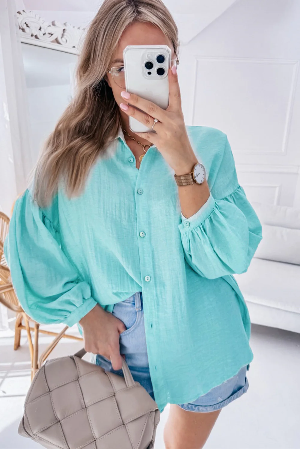 Solid Puff Sleeve Loose Fit Buttoned Shirt