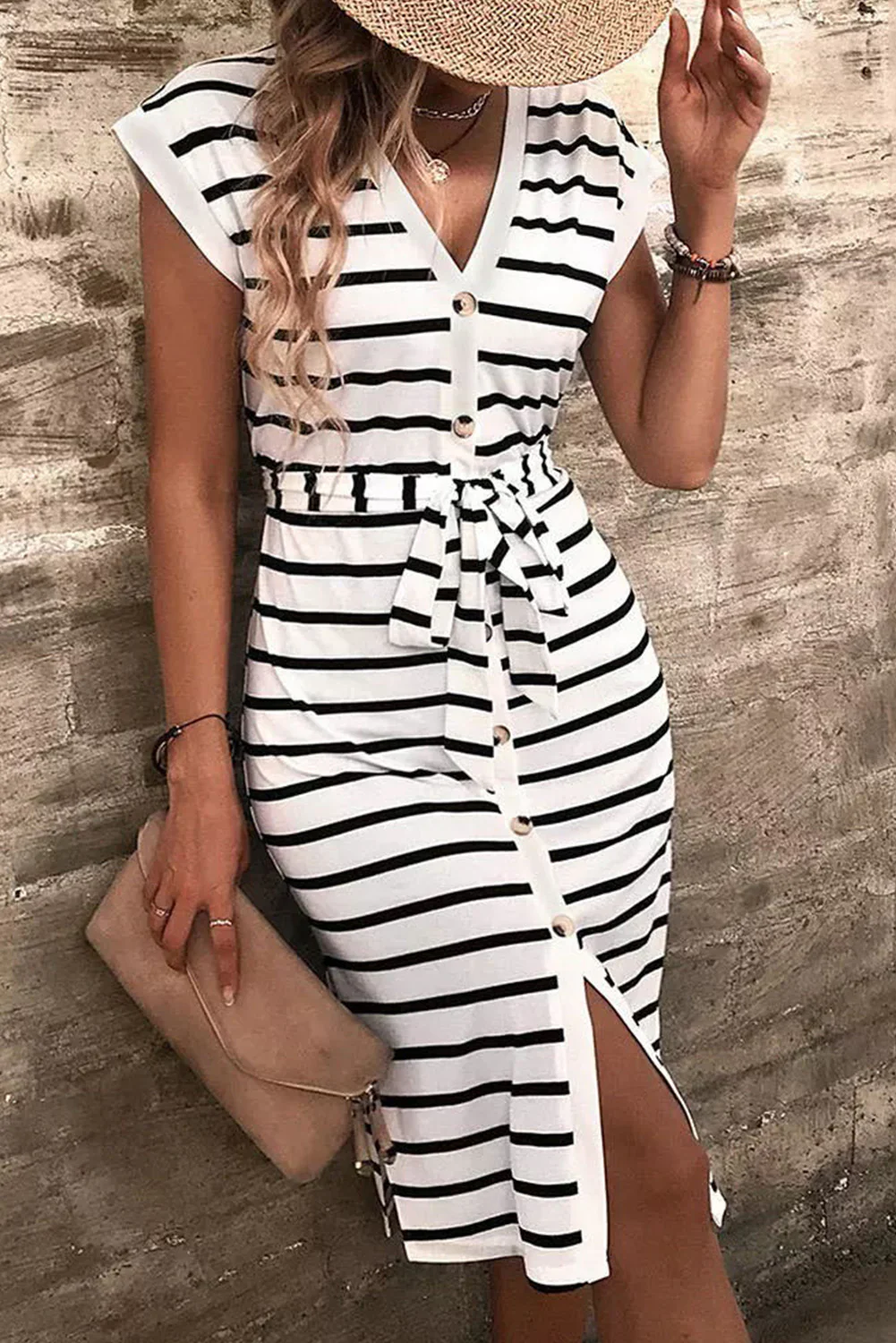 Button Slit Tie V-Neck Midi Dress