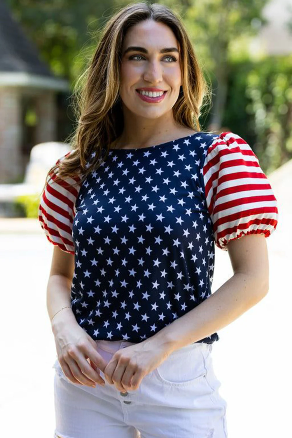 4th Of July Stars Stripes Puff Sleeve T Shirt