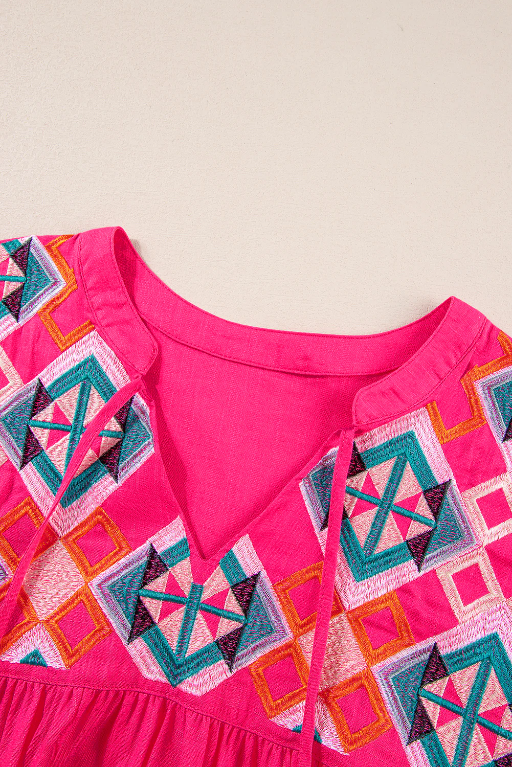 Embroidered Tassel Tie V Neck Blouse