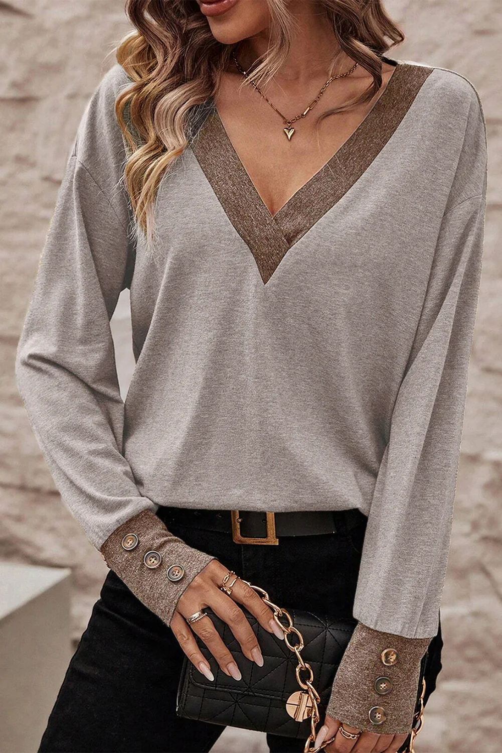 V Neck Button Cuffed Long Sleeve Top