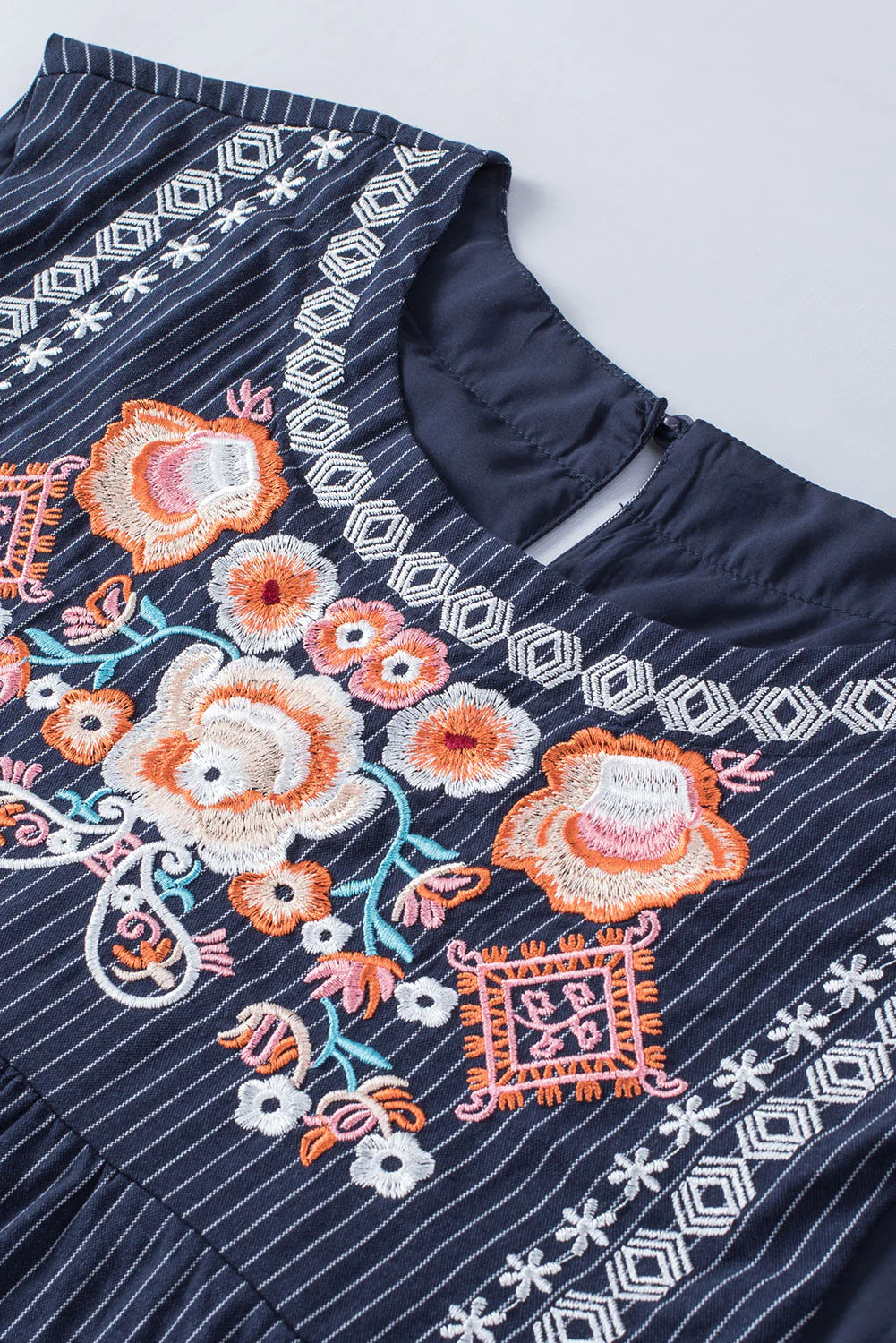 Gray Embroidered Striped Print Sleeveless Mini Dress