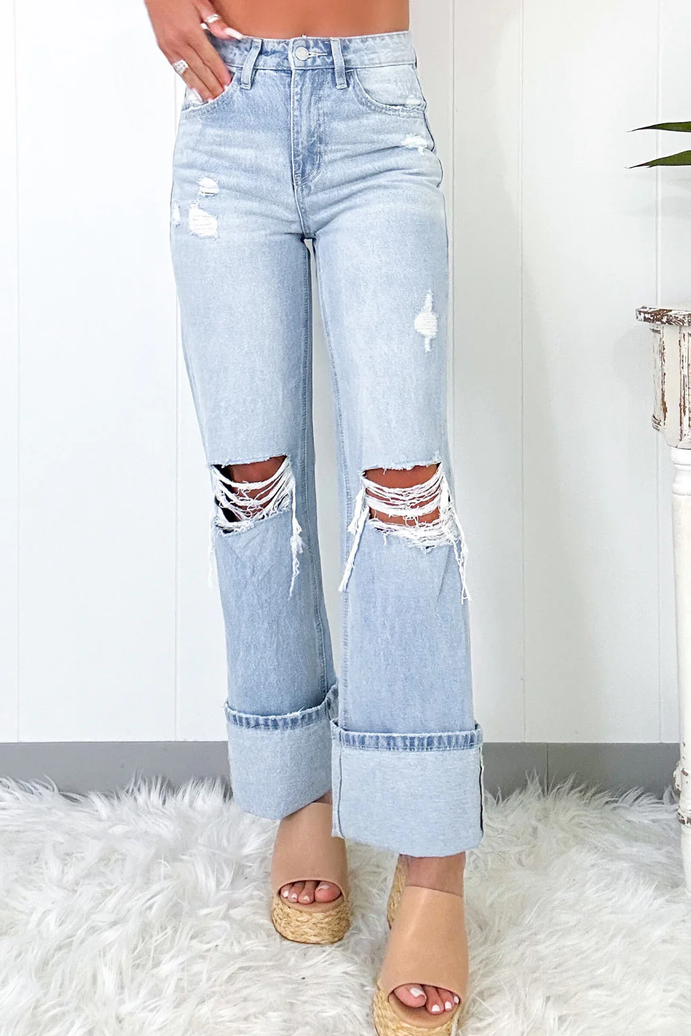 Light Wash Distressed Flare Jeans