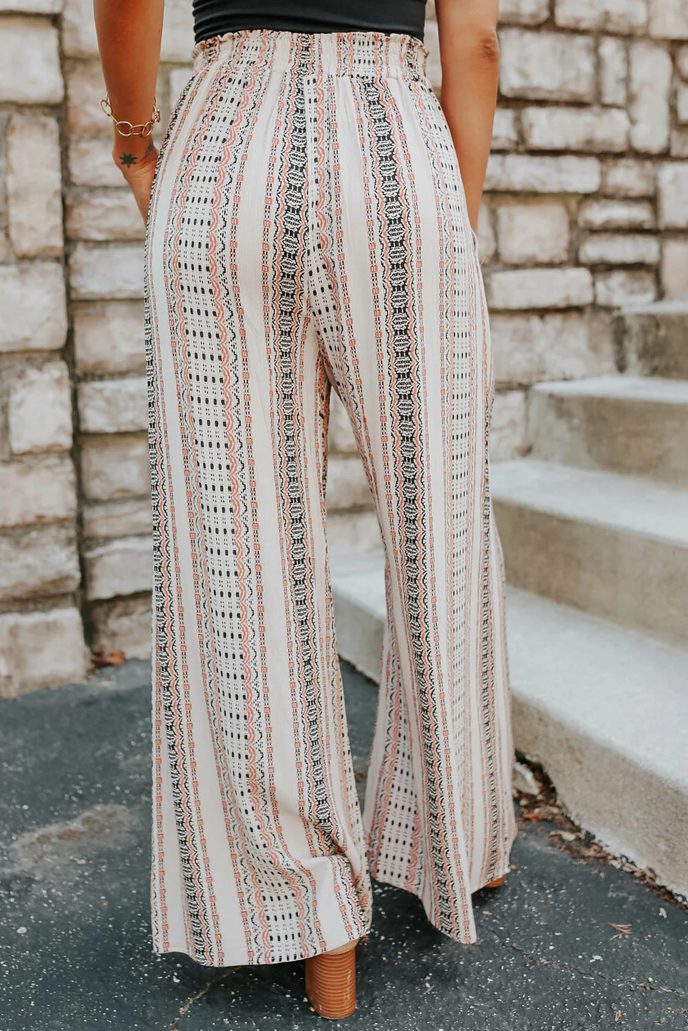 Geometric Pattern Print Shirred Wide Leg Pants
