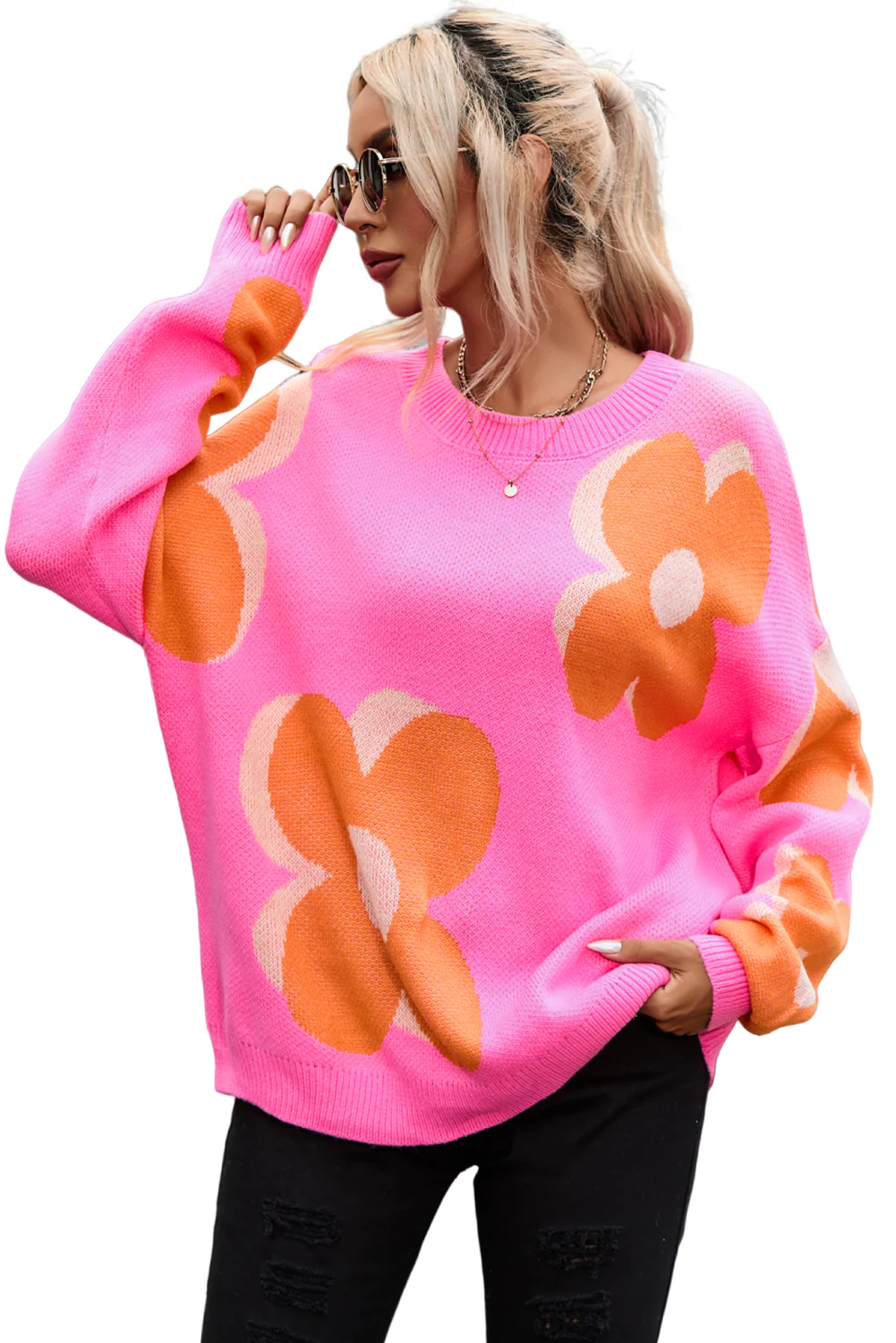 Big Flower Pattern Drop Shoulder Sweater
