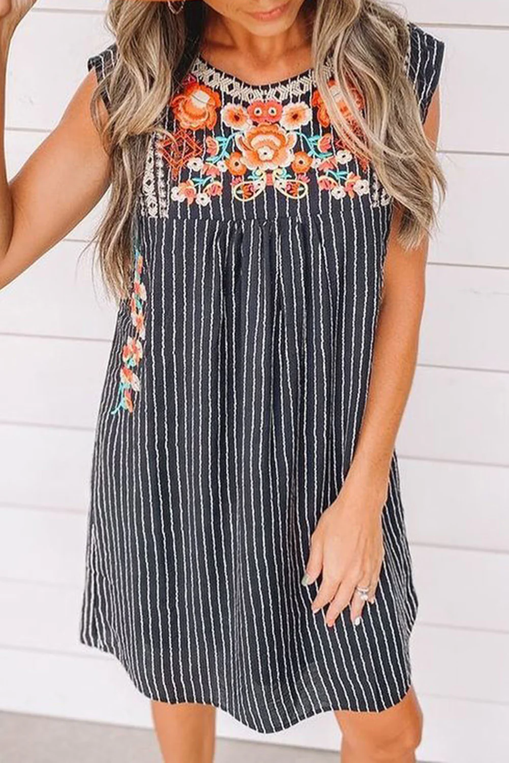 Gray Embroidered Striped Print Sleeveless Mini Dress