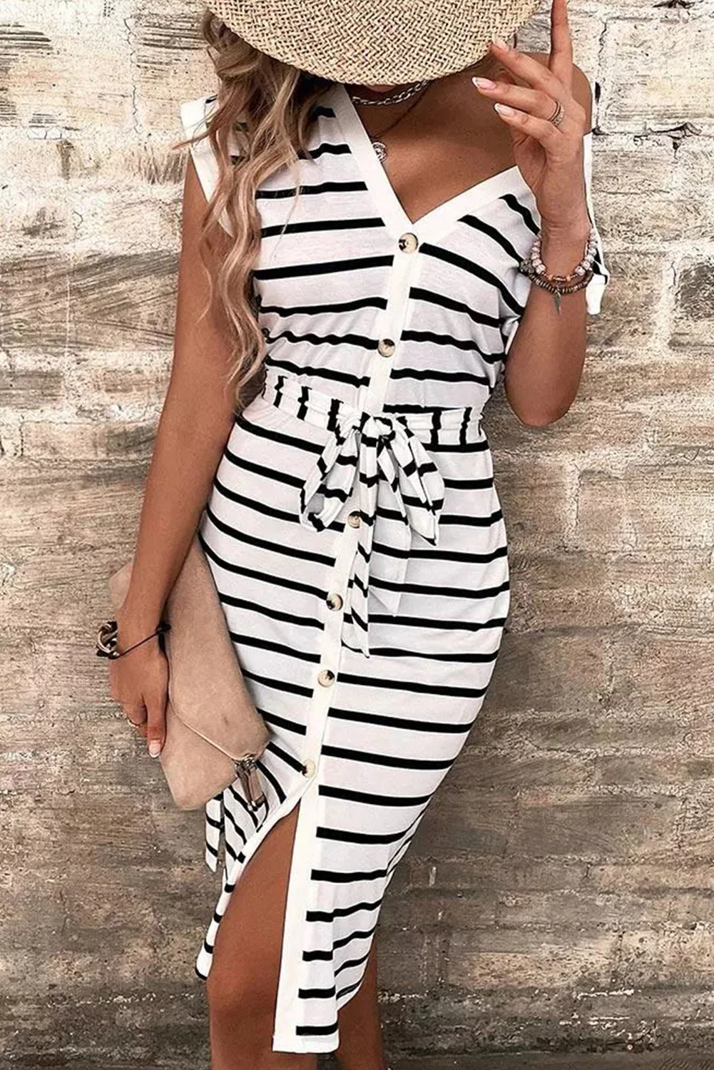 Button Slit Tie V-Neck Midi Dress