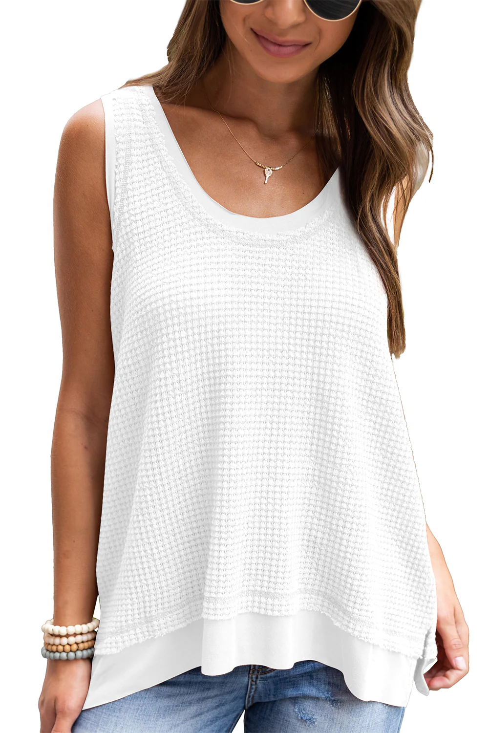 Scoop Neck Waffle Knit Flowy Vest