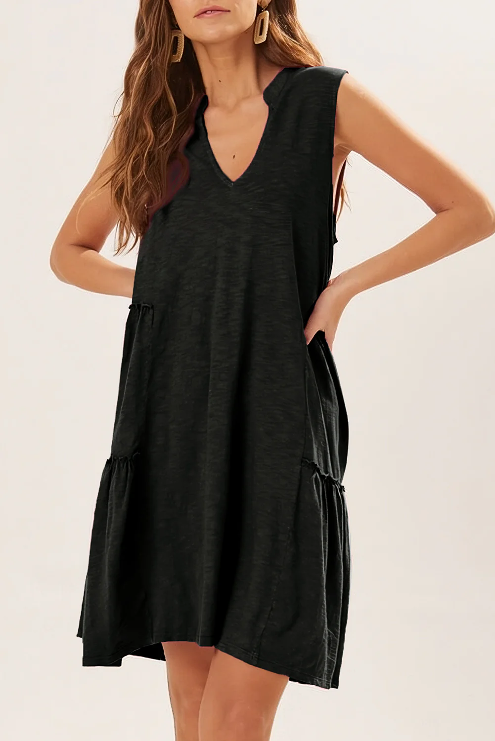 Split V Neck Tiered Flowy Sleeveless Dress