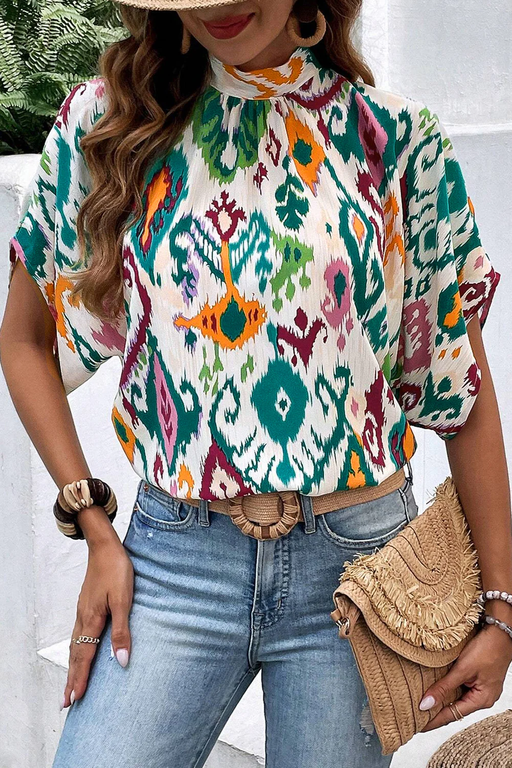 Western Print High Neck Bat Sleeve Blouse