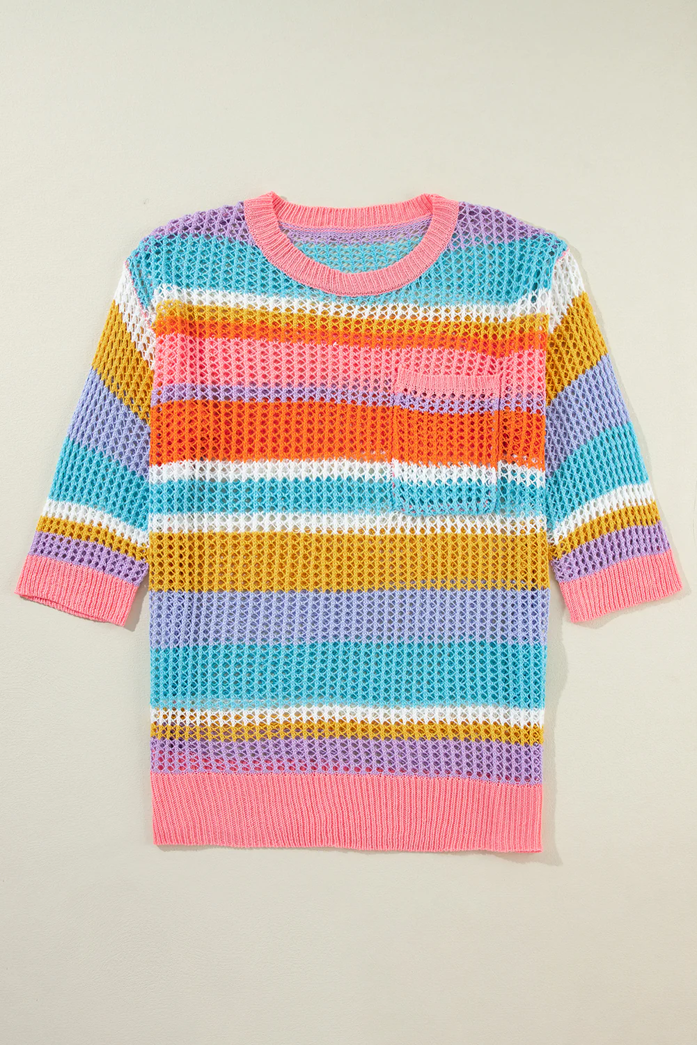 Stripe Colorblock Hollowed Crochet 3/4 Sleeve Sweater