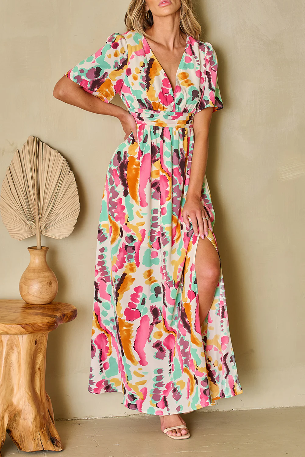 Boho Tie-dye Print V Neck Maxi Dress