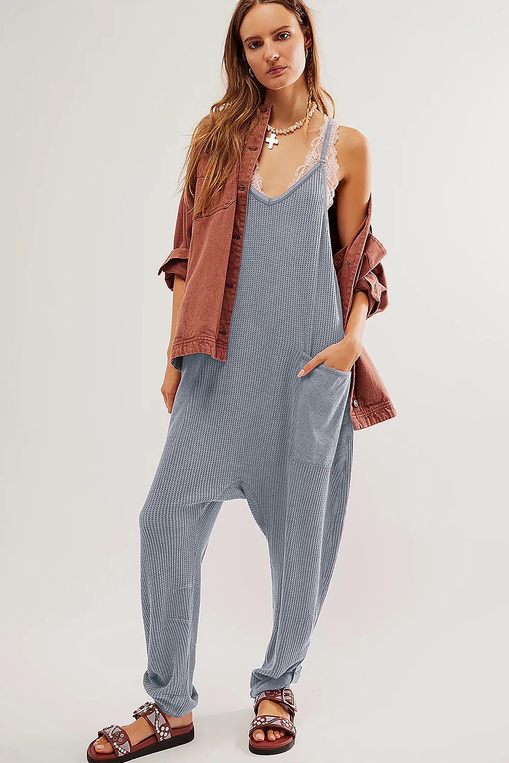 Waffle Knit Spaghetti Straps Loose Fit Jumpsuit