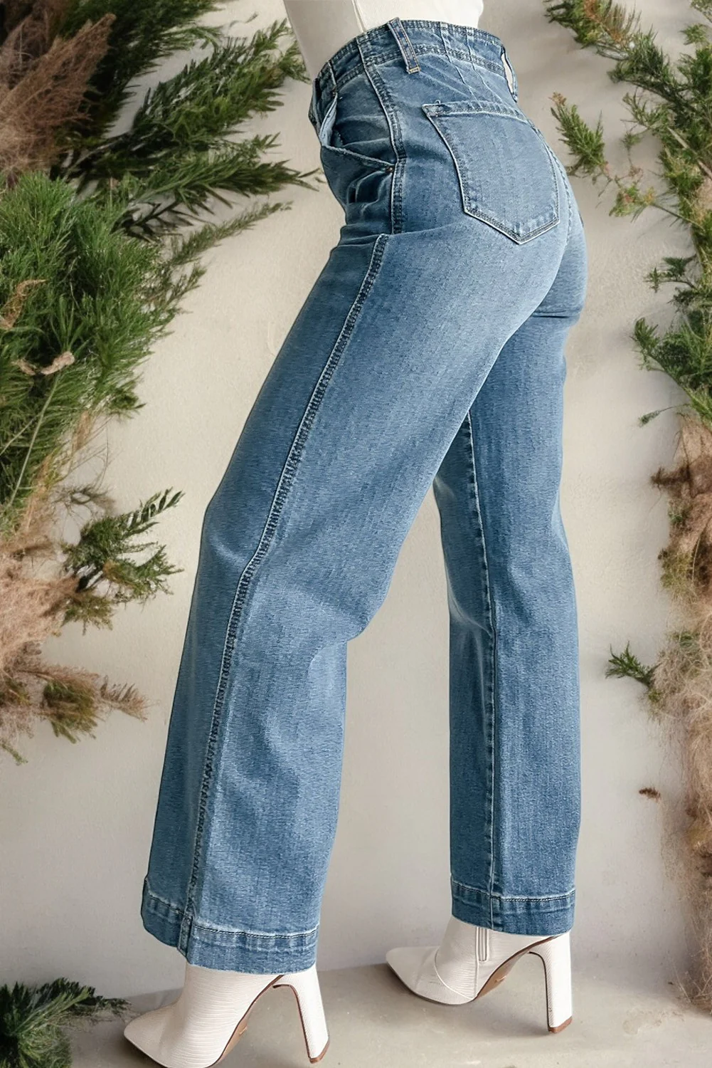 Dusk Blue Multi Buttons Medium Wash Straight Loose Leg Jeans