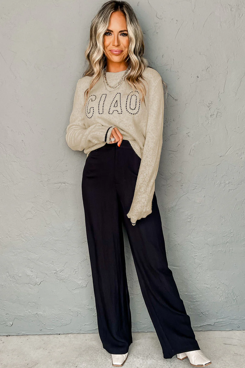 CIAO Letter Graphic Crew Neck Sweater