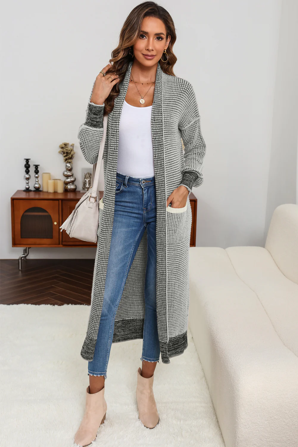 Textured Knit Pocketed Duster Cardigan