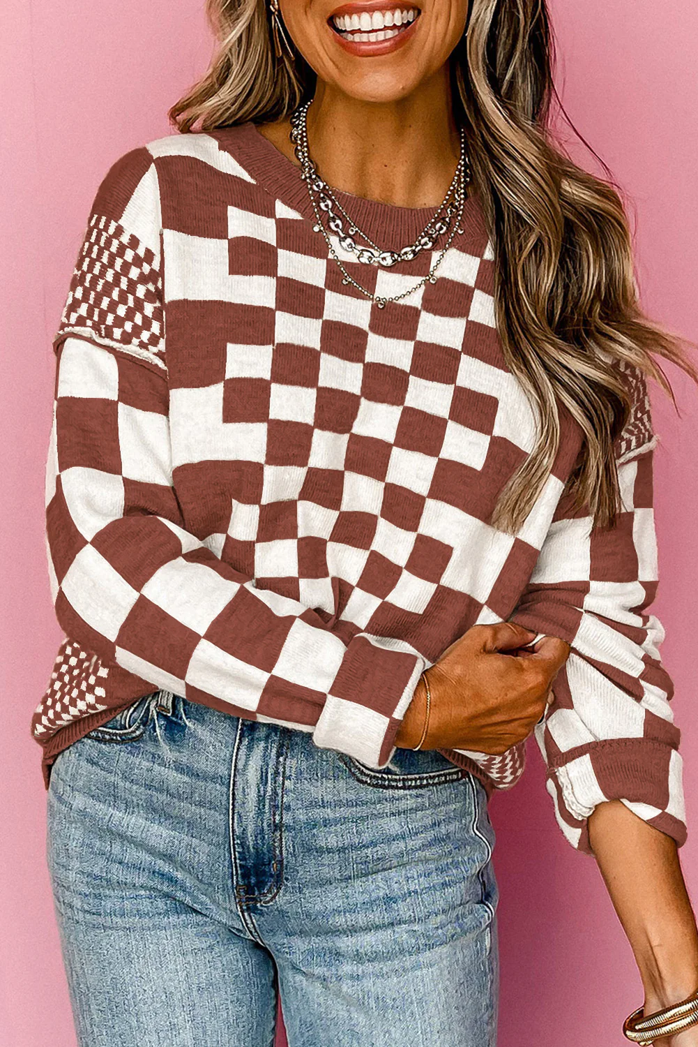 Checkered Drop Shoulder Round Neck Sweater