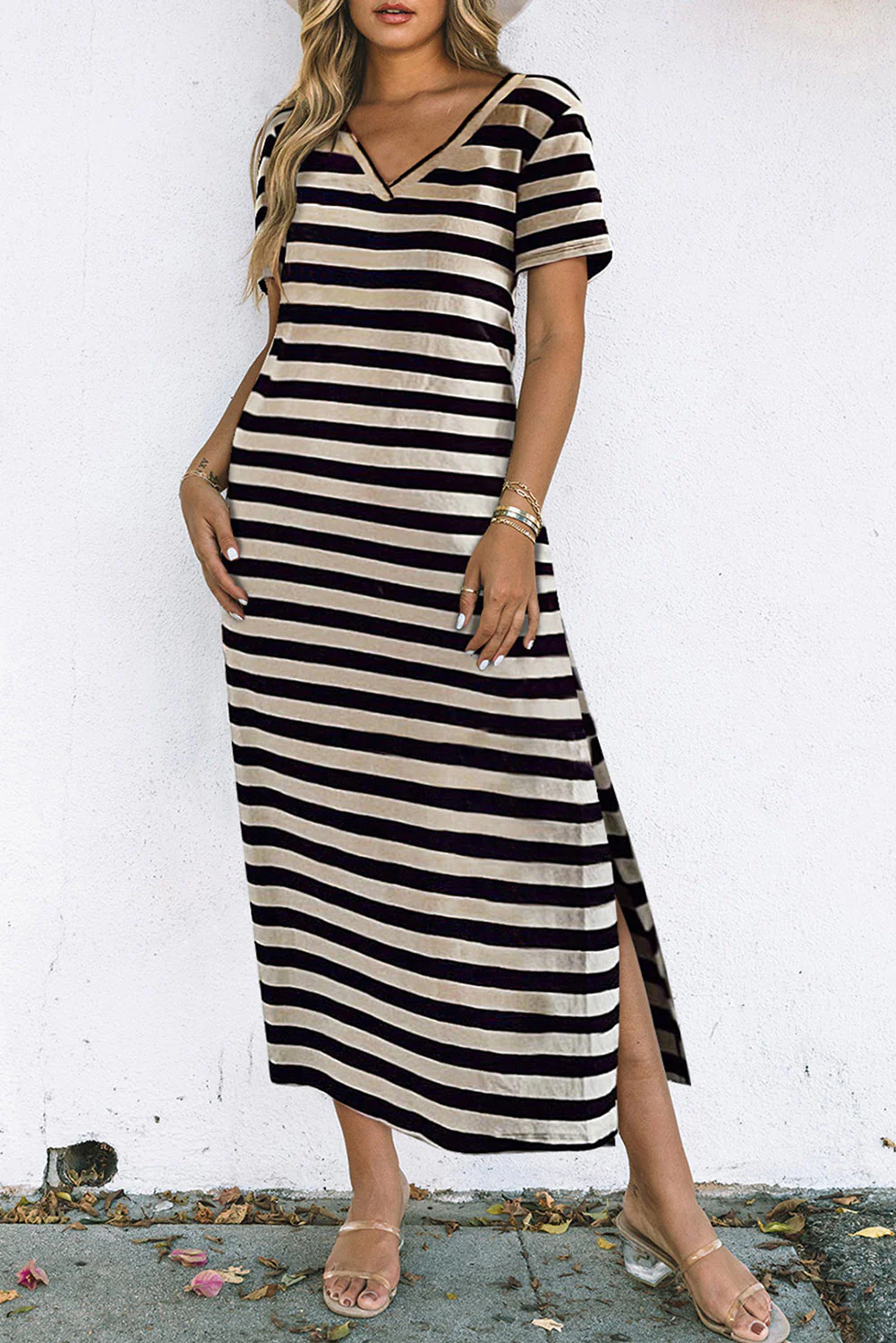 Stripe Print V Neck Maxi Dress with Side Splits