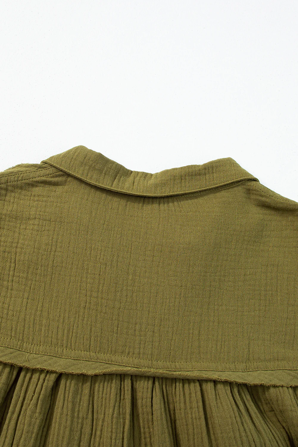 Frayed Trim Split Neck Puff Sleeve Flared Dress