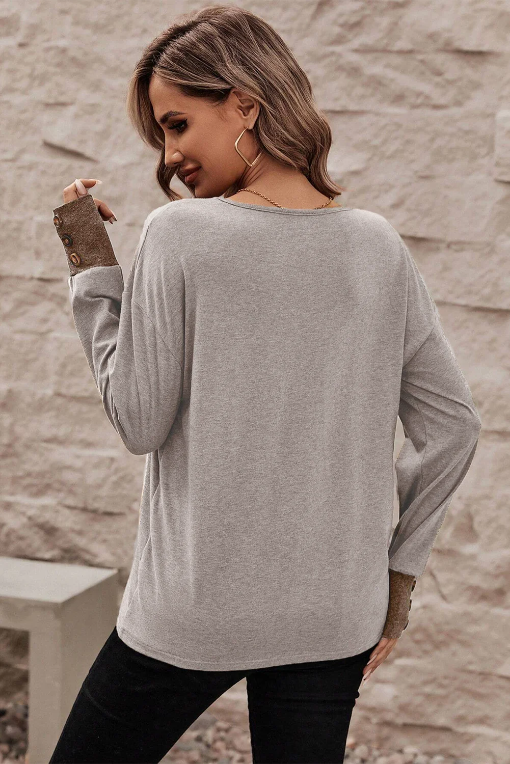 V Neck Button Cuffed Long Sleeve Top