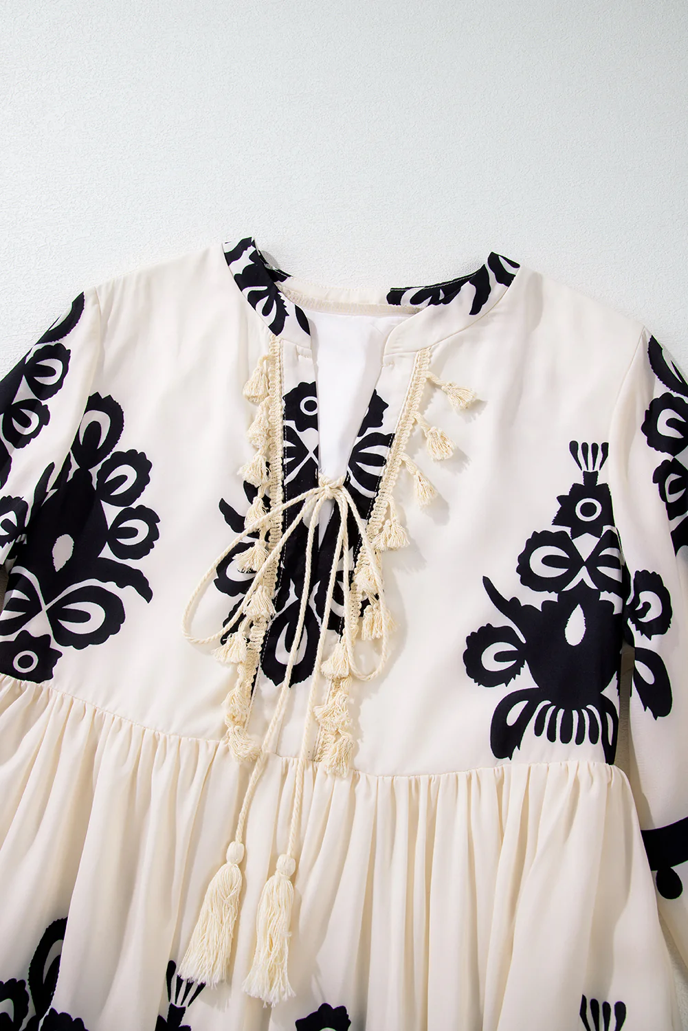 Western Pattern Print Tasseled Notch V Neck Mini Dress