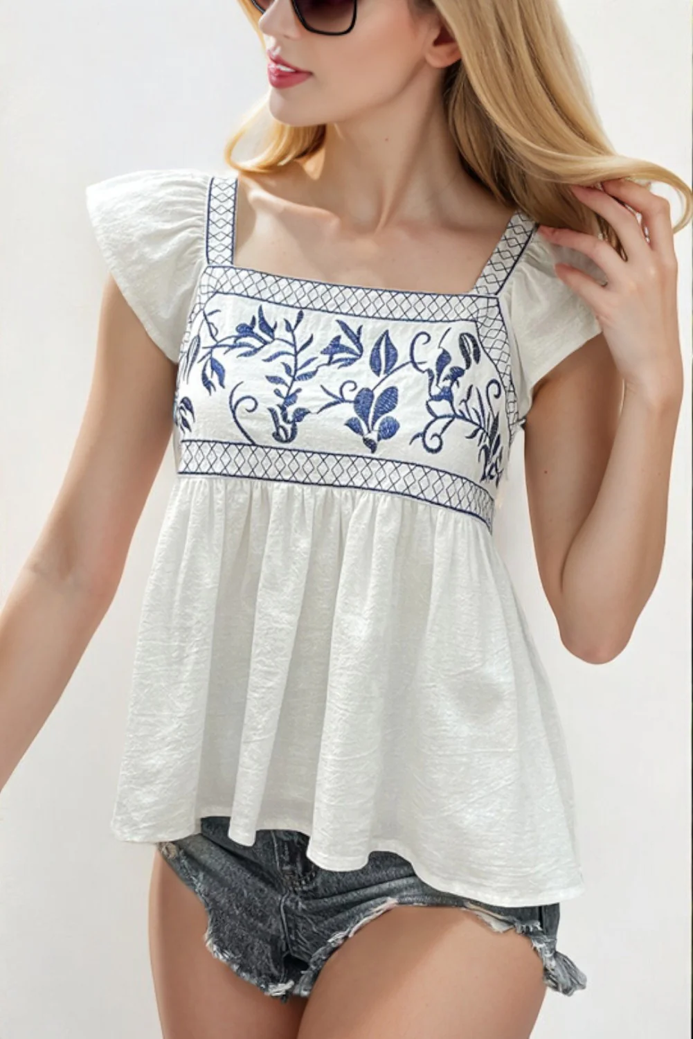 White Embroidered Bust Square Neck Peplum Blouse