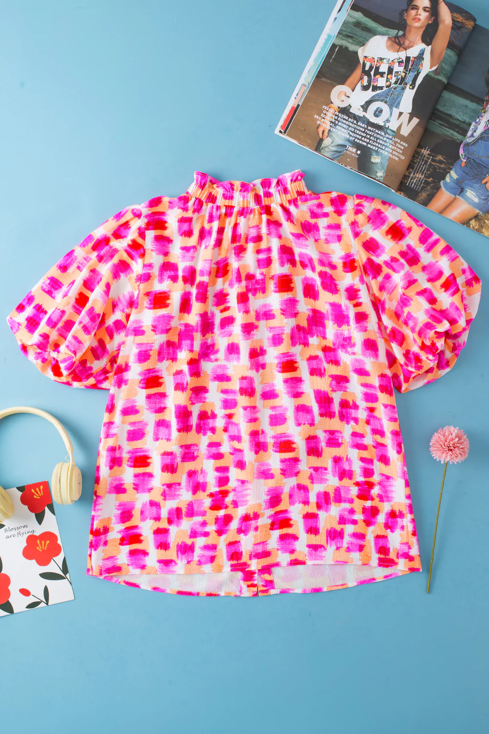 Abstract Print Button Back Ruffed High Neck Blouse