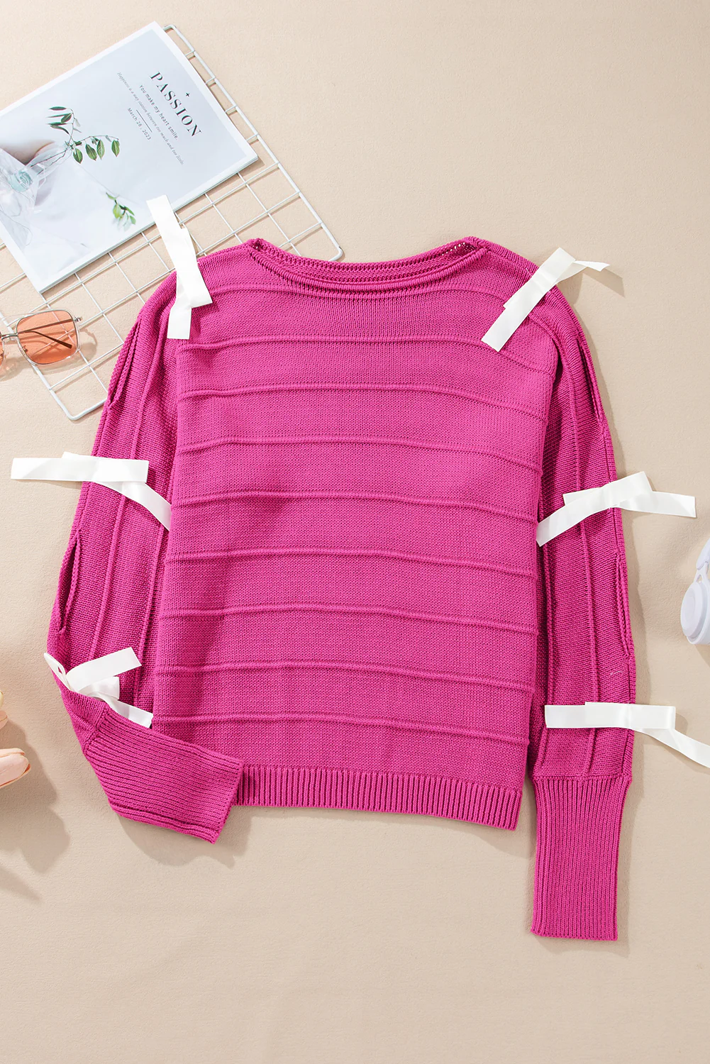 Bow Knot Cut Out Round Neck Loose Sweater
