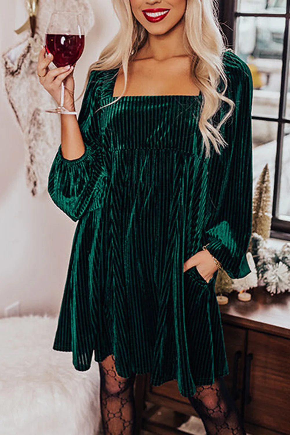 Long Sleeve Tiered Ribbed Velvet Dress